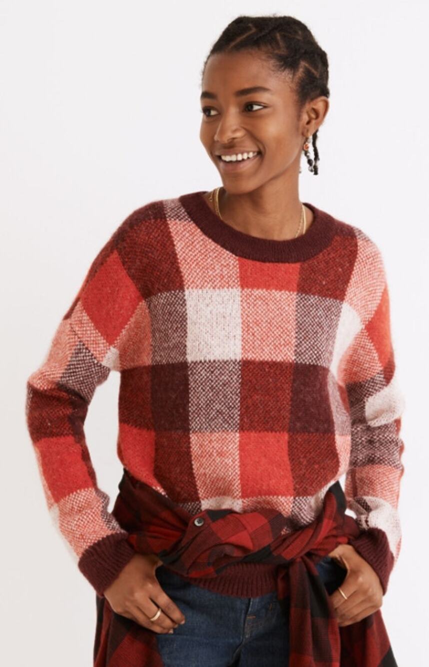 Madewell Fenimore Pullover Sweater in Plaid Heather Blush Red Burgundy Size XL